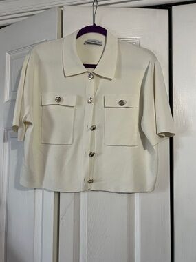 Mango Cream Short-Sleeve Button Cardigan